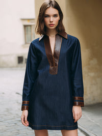 Indigo Faux Denim Dress With Contrasting Faux Leather Trimming