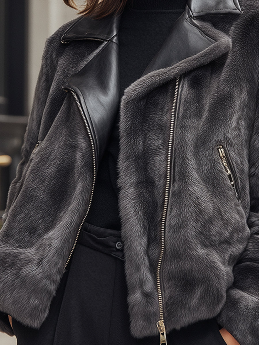Charcoal Faux Fur Moto Jacket With Leather Lapel