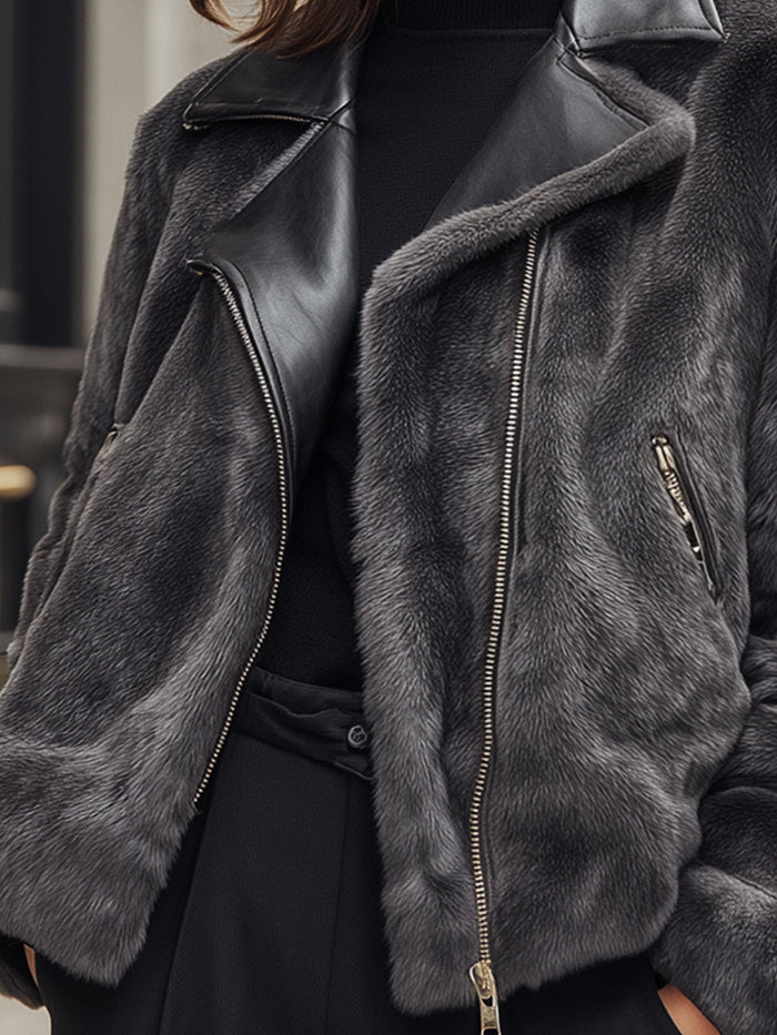 Charcoal Faux Fur Moto Jacket With Leather Lapel