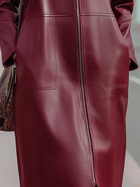 Burgundy Red Eco-Leather Hooded Long Coat