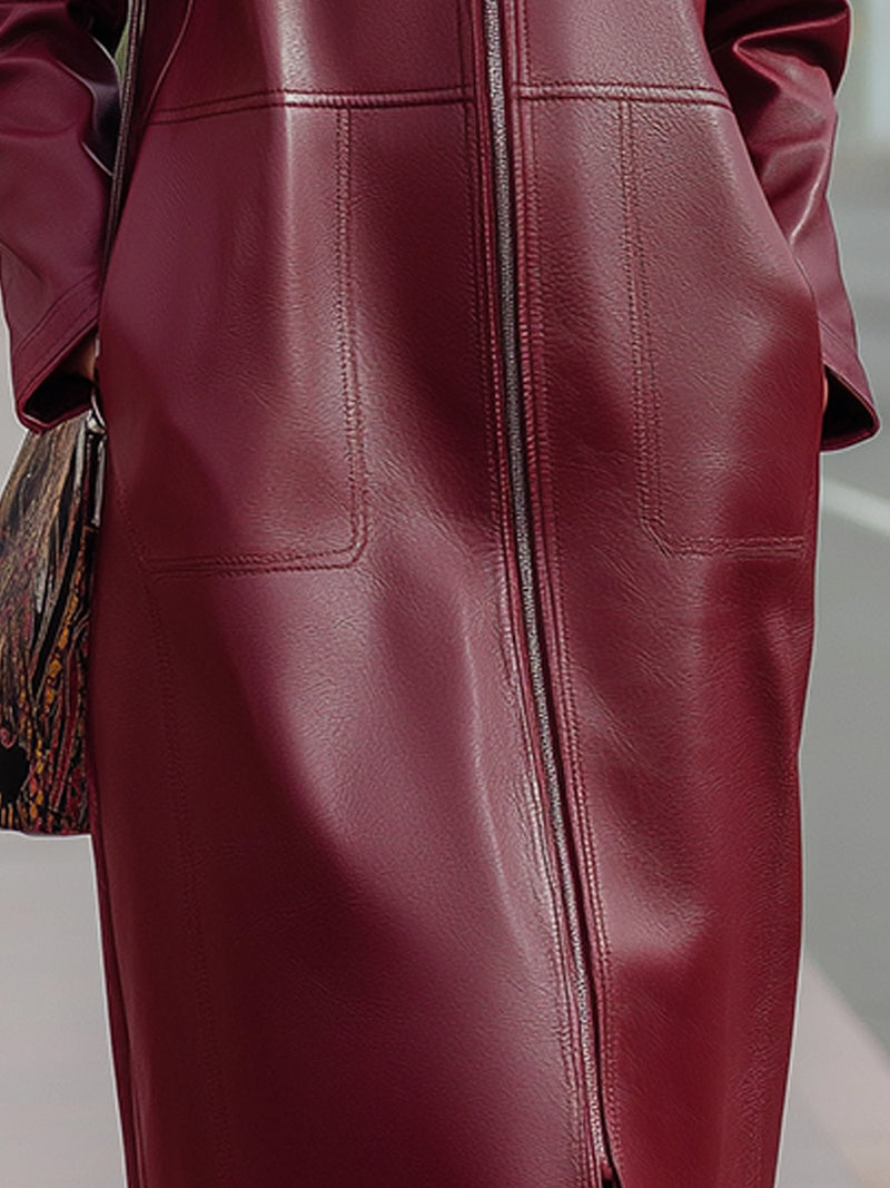 Burgundy Red Eco-Leather Hooded Long Coat