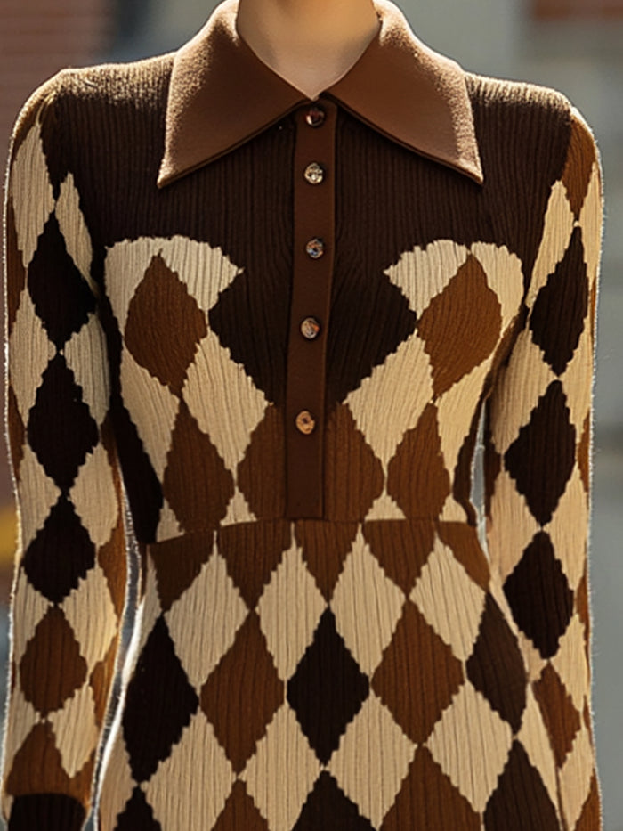 Argyle Knit Midi Dress With Polo Collar