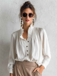 Ruffled Collar Pleated Button-Front Blouse