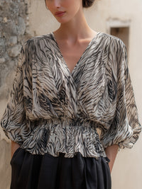 Elegant Zebra-Print V-Neck Peplum Blouse With Elastic Waist