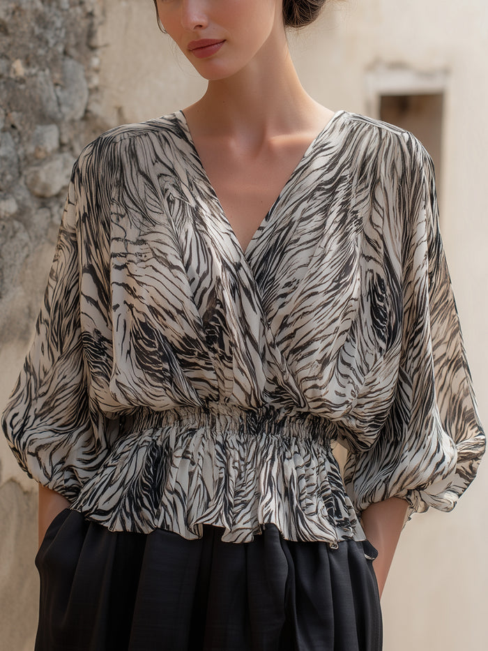 Elegant Zebra-Print V-Neck Peplum Blouse With Elastic Waist
