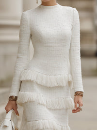 Ivory Tweed Fringe-Tiered Midi Dress