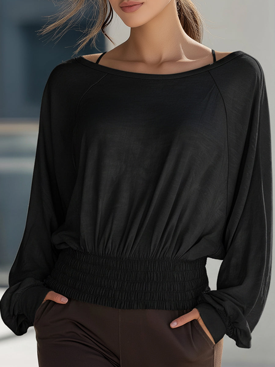 Black Relaxed Boat-Neck Smocked Waist Blouse