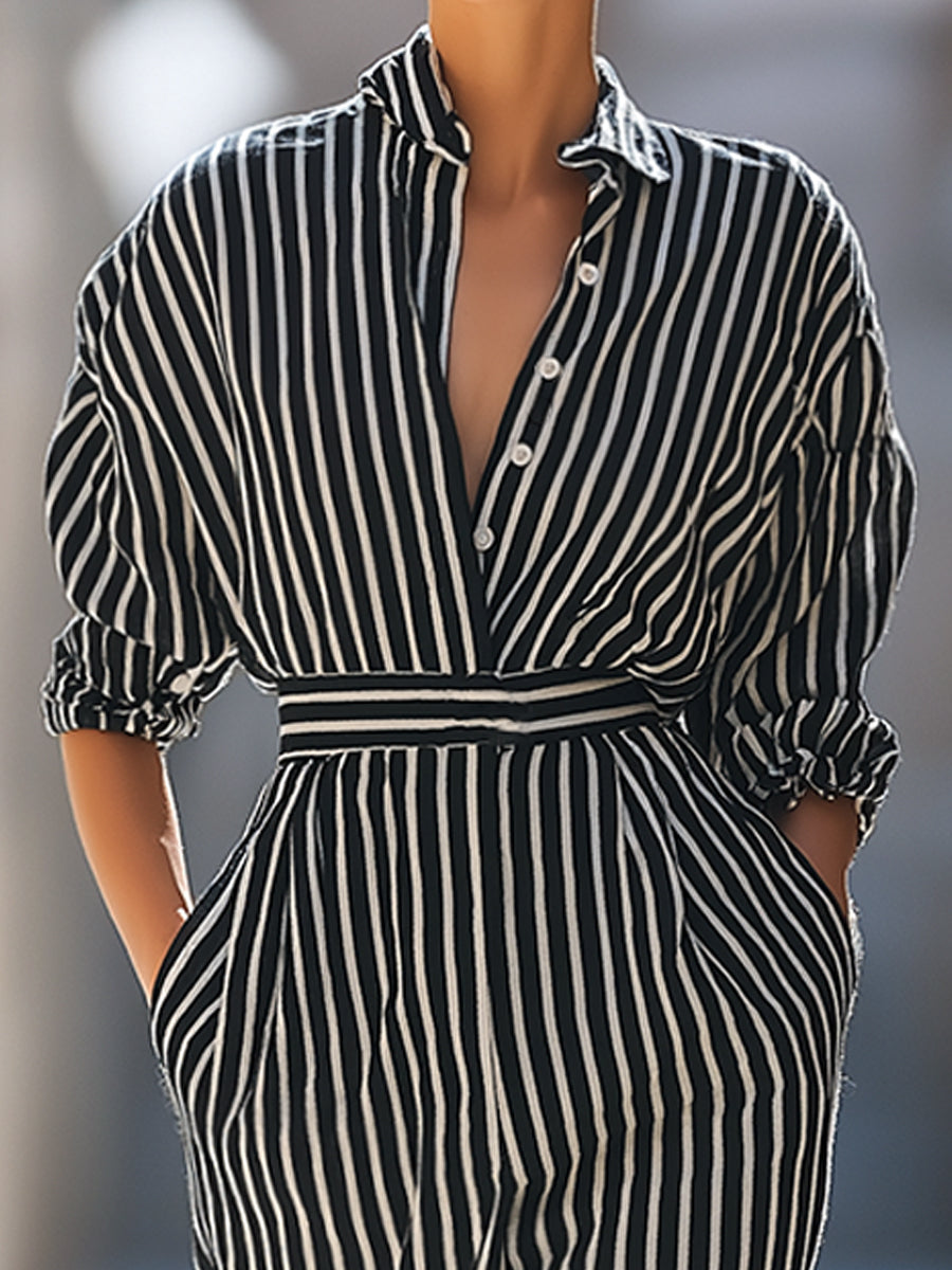 Vertical Stripe Belted Shirt Maxi Dress