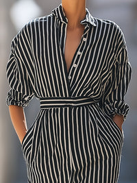 Vertical Stripe Belted Shirt Maxi Dress