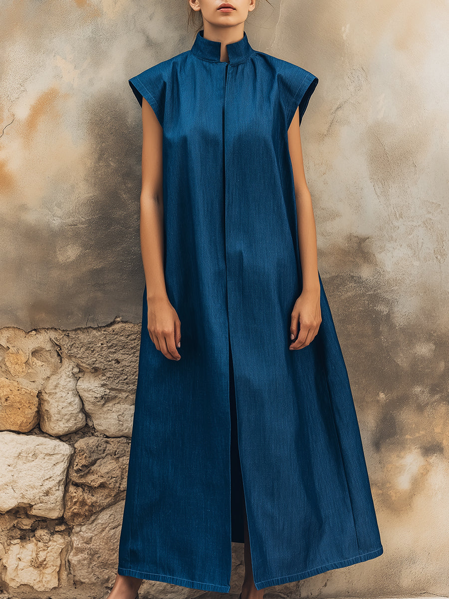 Minimalist Stand Collar Sleeveless Maxi Dress