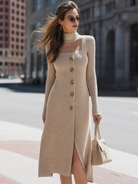 Beige Ribbed Knit Button-Front Midi Dress With Turtleneck