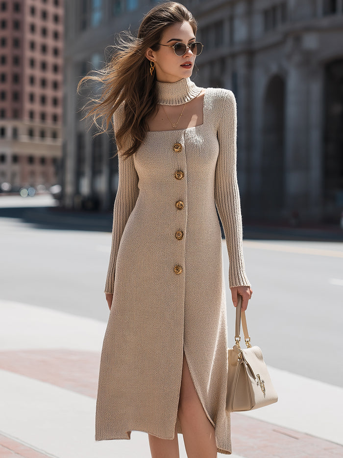 Beige Ribbed Knit Button-Front Midi Dress With Turtleneck