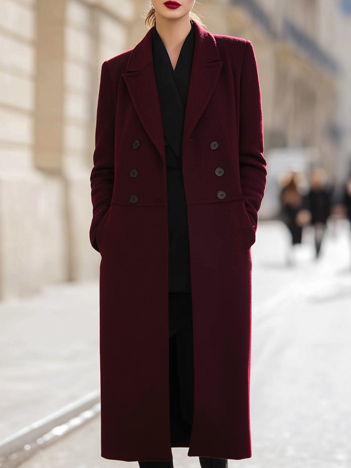 Double-Breasted Burgundy Wool-Blend Long Coat
