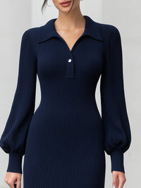Polo-Collar Ribbed Knit Midi Dress