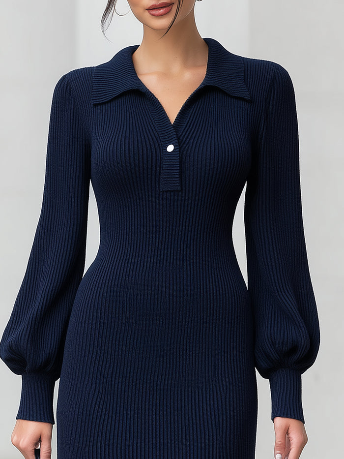 Polo-Collar Ribbed Knit Midi Dress