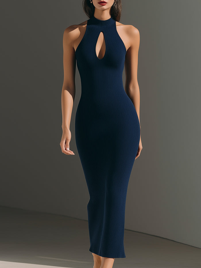 Ribbed Halter Midi Dress With Front Keyhole Detail