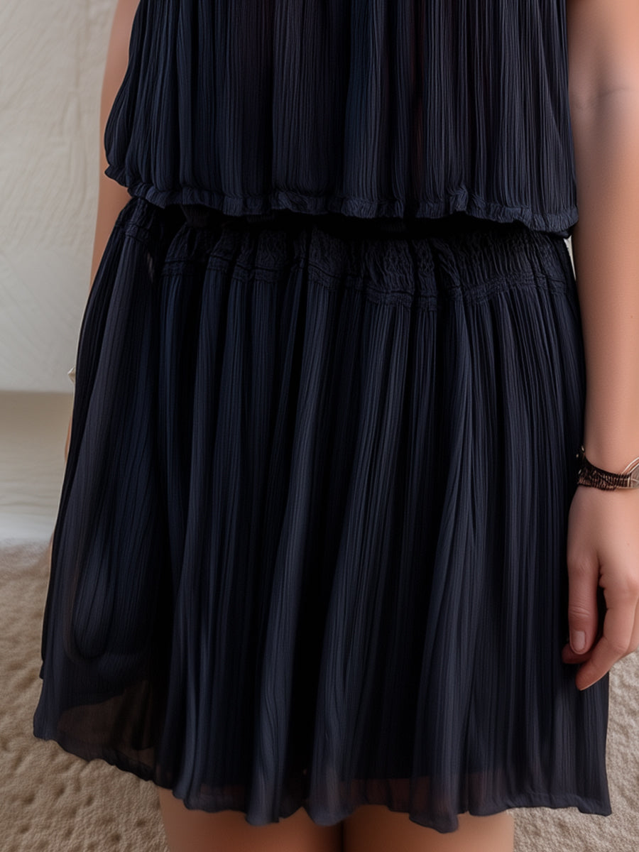 Pleated Lace-Detail Blouse & Tiered Skirt Two-Piece Set