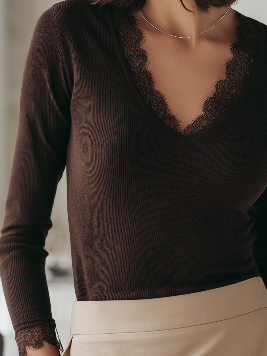 Lace-Trimmed Ribbed Long Sleeve Top