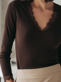 Lace-Trimmed Ribbed Long Sleeve Top