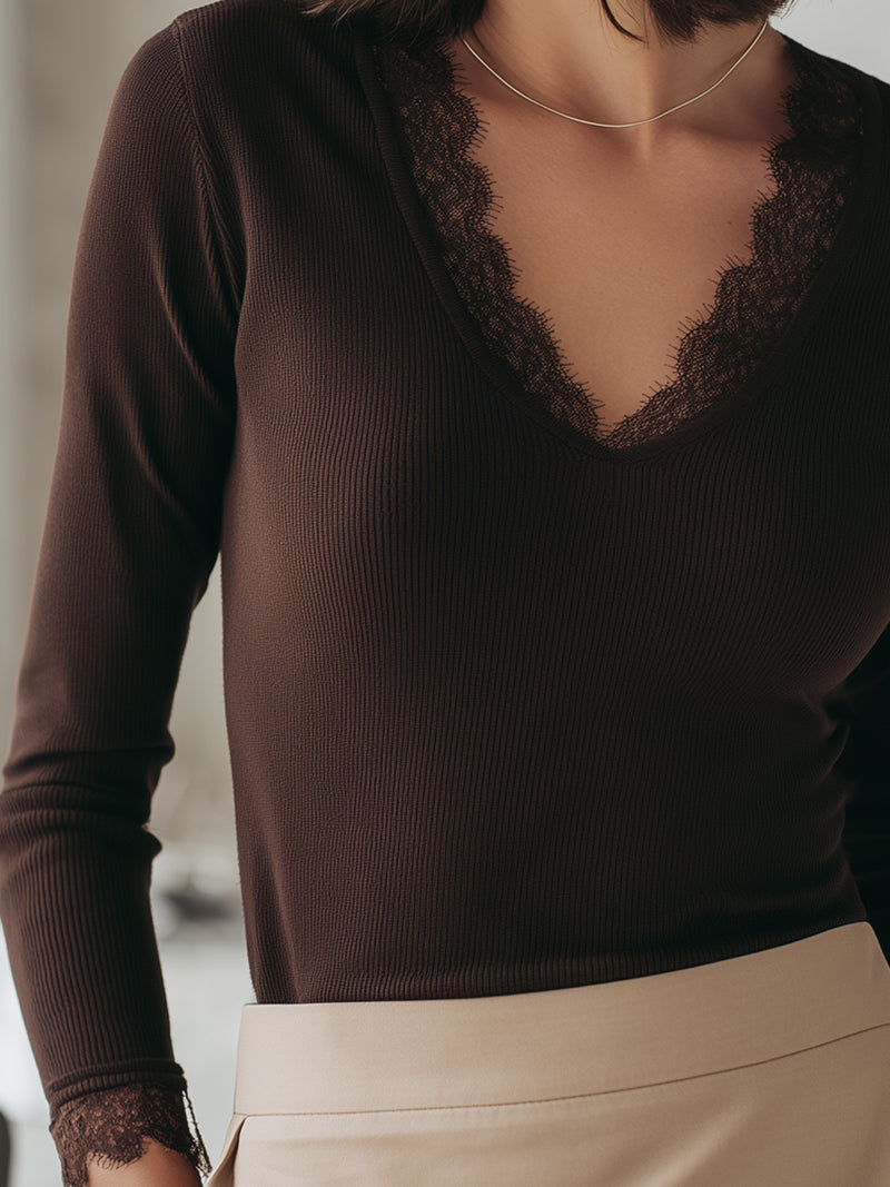 Lace-Trimmed Ribbed Long Sleeve Top