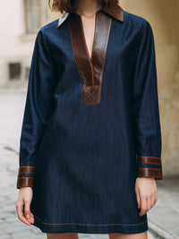Indigo Faux Denim Dress With Contrasting Faux Leather Trimming