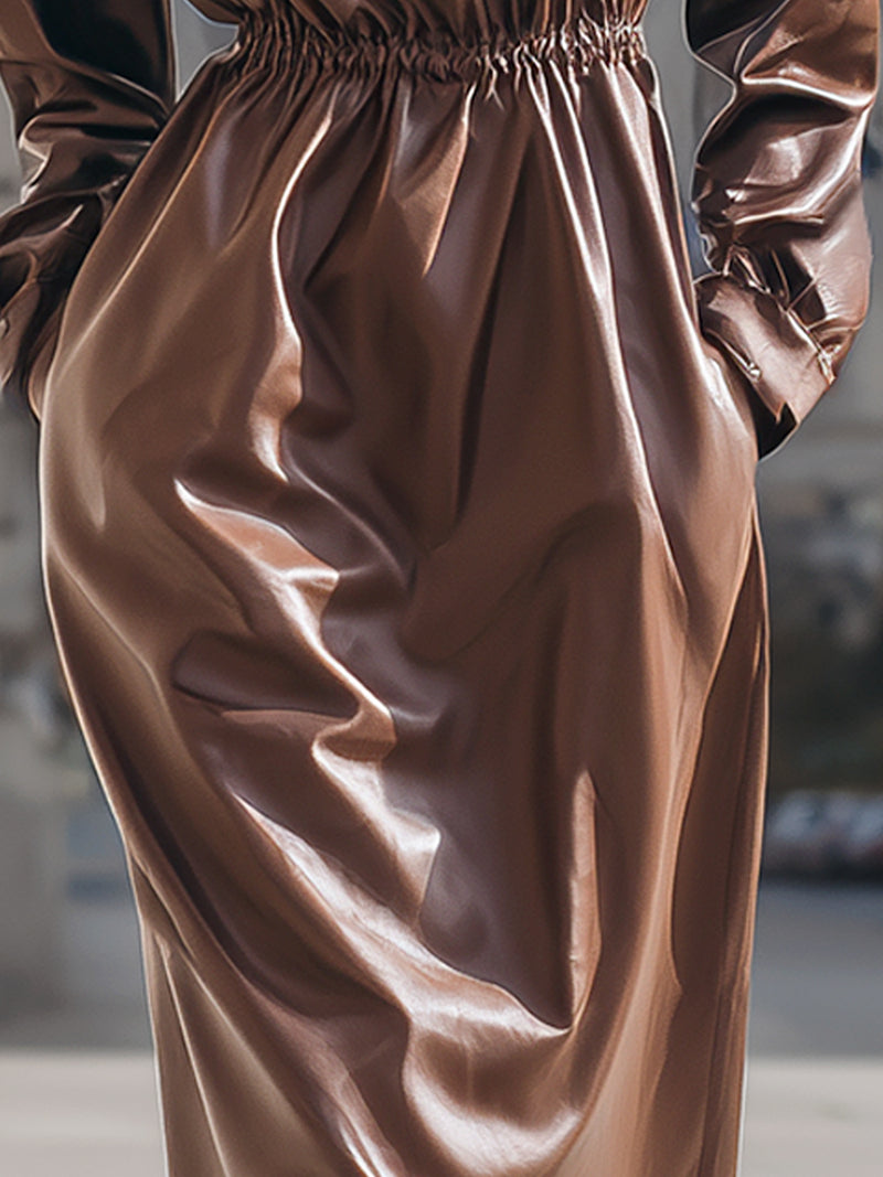 Chestnut Faux Leather High-Neck Midi Dress