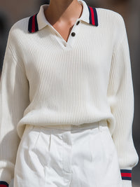 Ivory Knit Polo Sweater With Contrast Trim