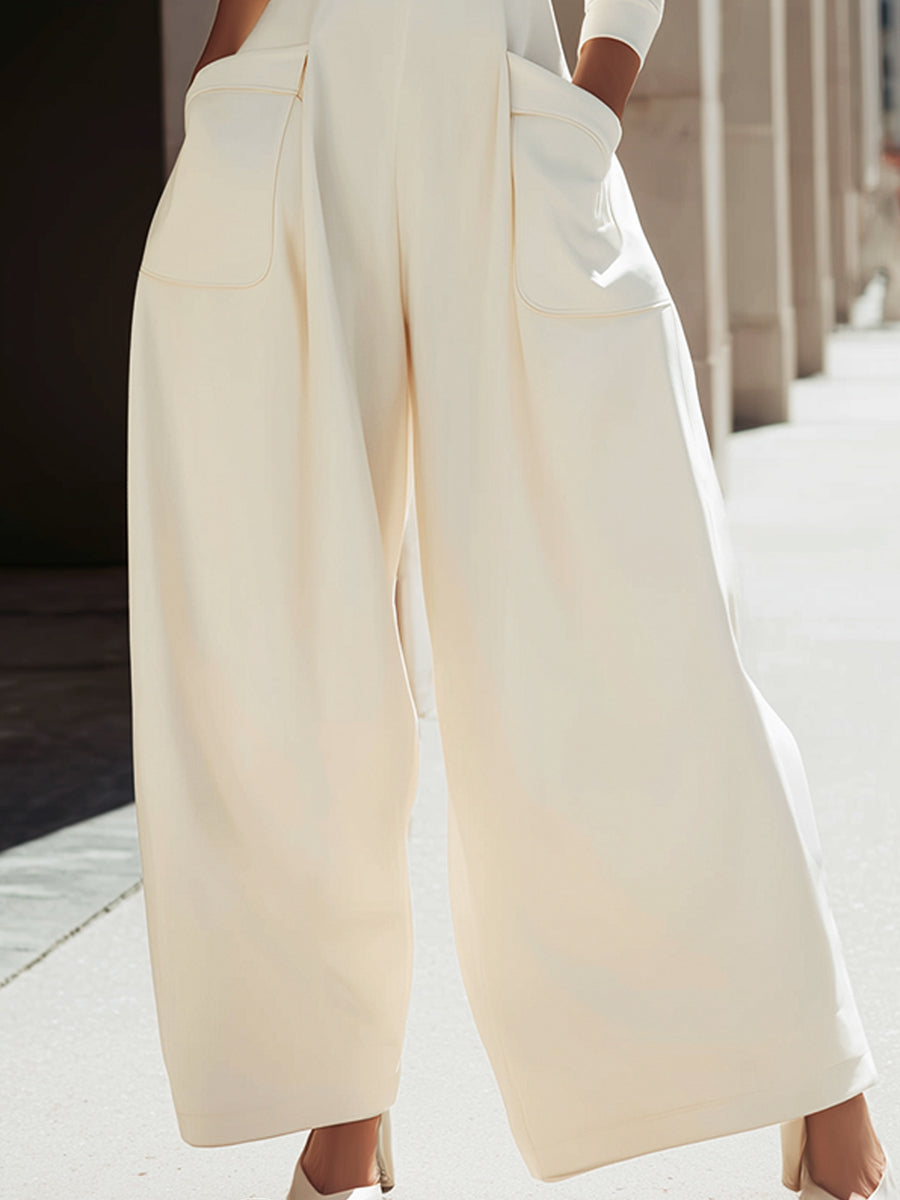 Elegant Wide-Leg Wrap Jumpsuit With Structured Sleeves