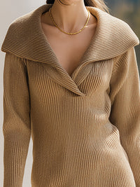 Camel Ribbed Knit Dress With Fold-Over Collar