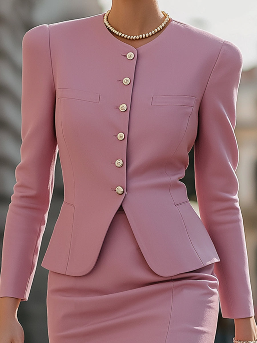 Pearl-Button Peplum Blazer Skirt Suit