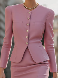 Pearl-Button Peplum Blazer Skirt Suit