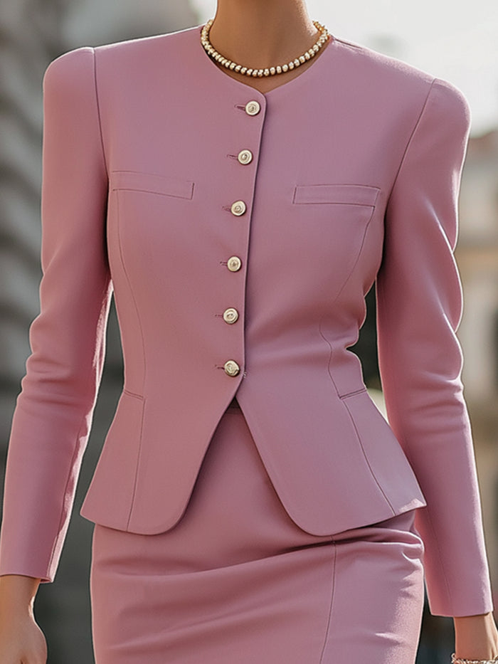 Pearl-Button Peplum Blazer Skirt Suit