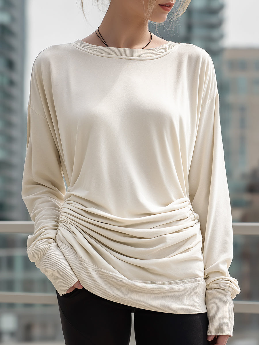 Ivory Ruched Waist Relaxed Long-Sleeve Top