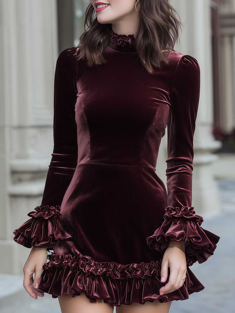 Velvet Ruffle Detail Mini Dress