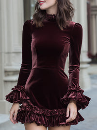 Velvet Ruffle Detail Mini Dress