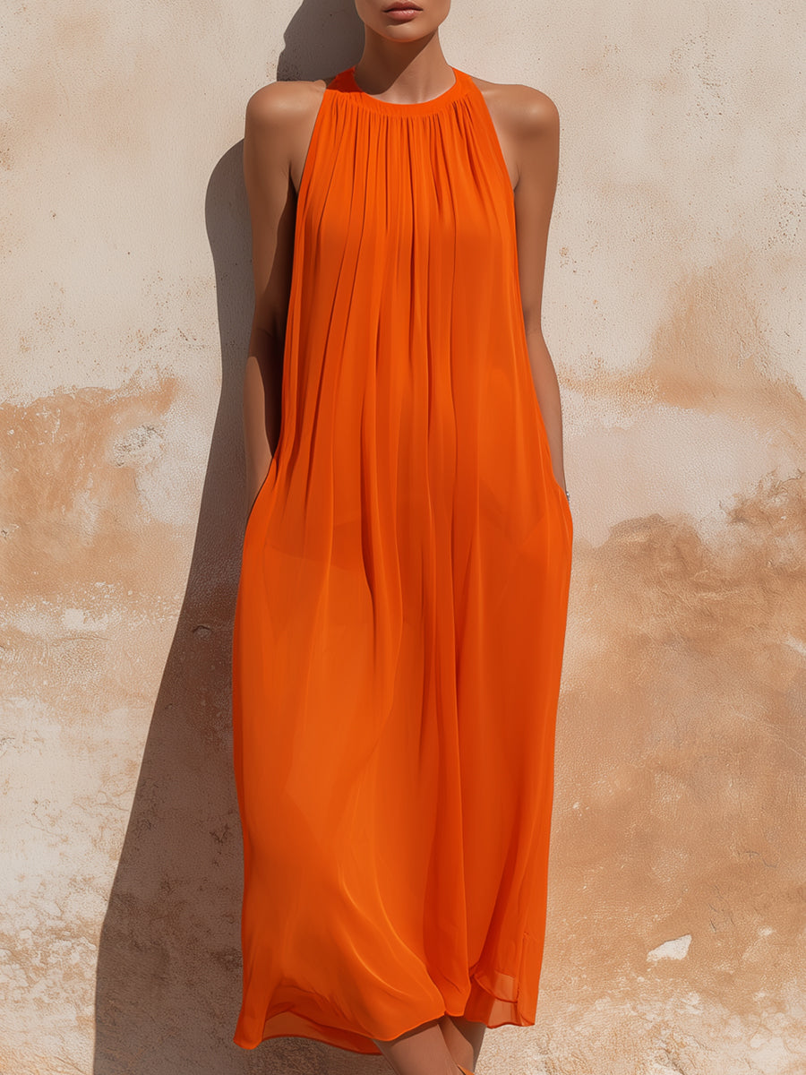 Pleated Halter Neck Flowing Midi Dress