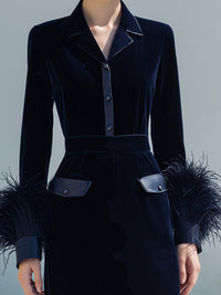 Navy Velvet Shirt Dress With Feathered Cuffs