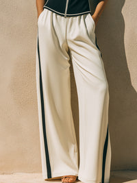 High-Neck Zip Top & Contrast Wide-Leg Pants Set