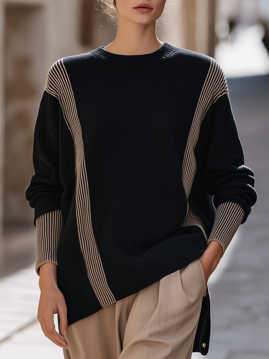 Striped Color-Blocked Ribbed Knit Sweater
