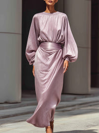 Shimmering Lilac Draped Long-Sleeve Evening Gown