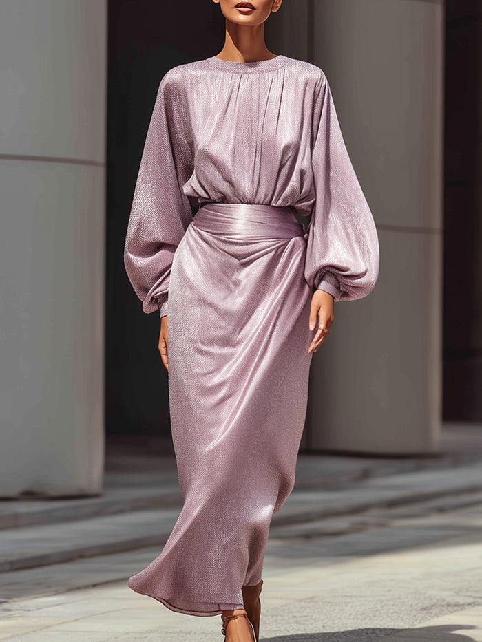 Shimmering Lilac Draped Long-Sleeve Evening Gown