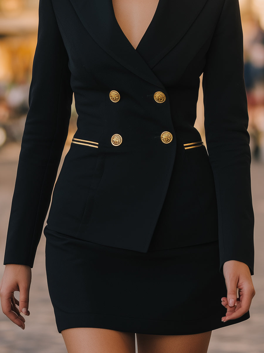 Black Double-Breasted Skirt Suit with Embroidered Lapel Detail