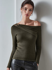 Asymmetric One-Shoulder Knit Top With Gold Hardware Detail
