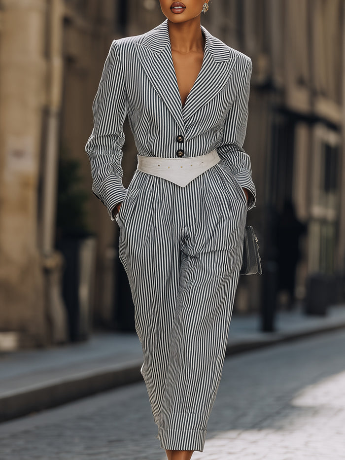Striped Belted Blazer Jumpsuit