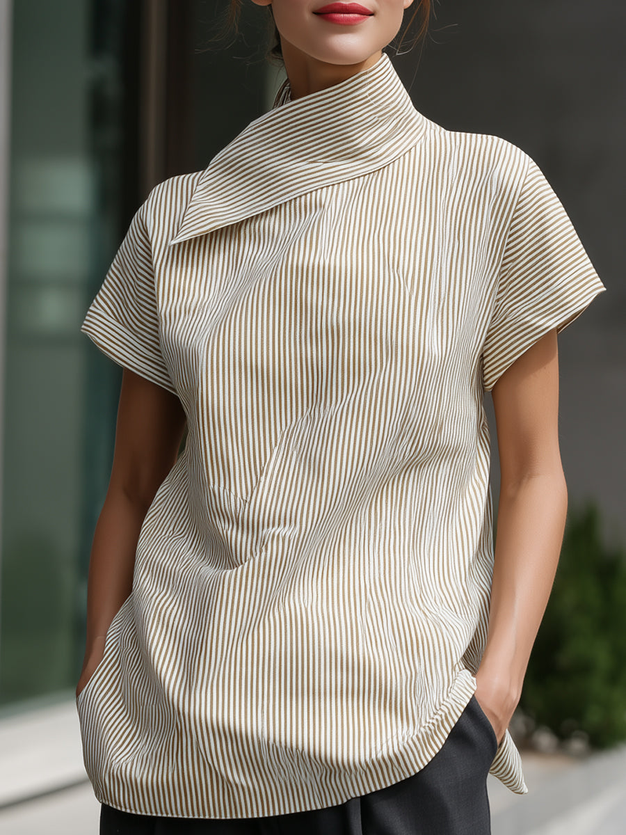Asymmetric High-Neck Pinstripe Short-Sleeve Top