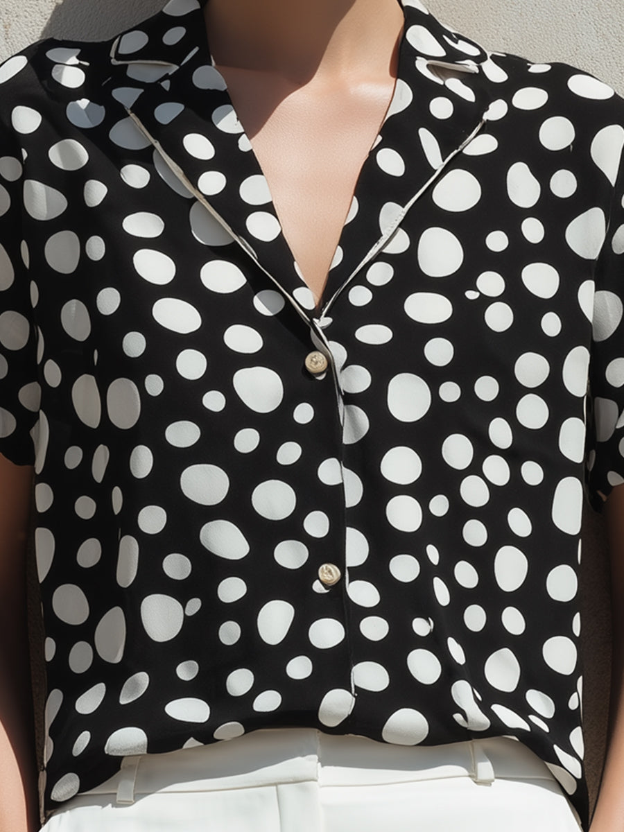 Relaxed Polka Dot Button-Front Short Sleeve Blouse