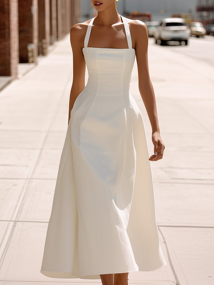 Halter-Neck Structured A-Line Midi Dress
