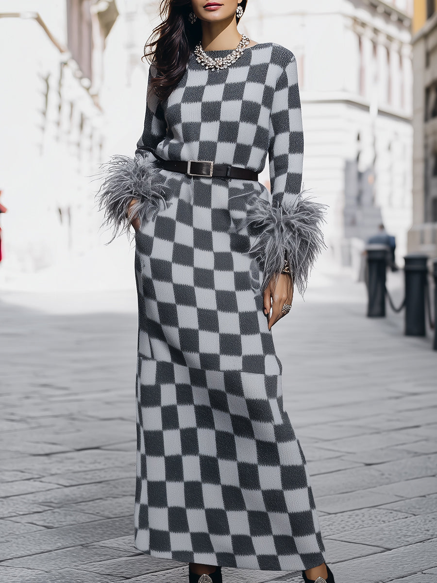 Stylish Checkerboard Knit Maxi Dress With Feather Trim