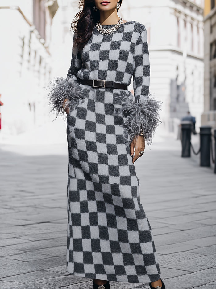 Stylish Checkerboard Knit Maxi Dress With Feather Trim