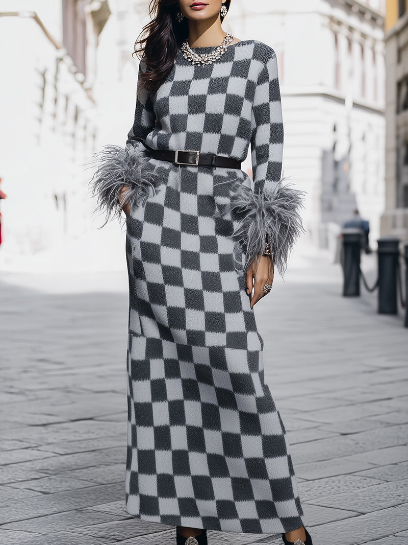 Stylish Checkerboard Knit Maxi Dress With Feather Trim